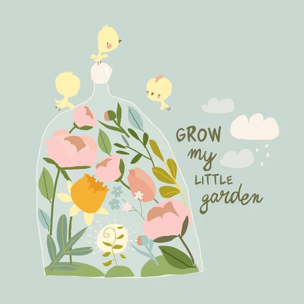 Cartoon Illustration with Little Garden and Chicks — Stockový vektor