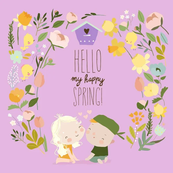 Cartoon Happy Kids met Bloemen Toorn en Vogels — Stockvector