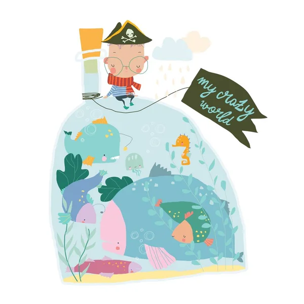 Menino dos desenhos animados sentado em garrafa grande com peixes —  Vetores de Stock
