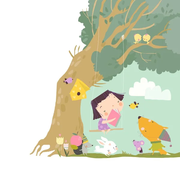 Niña leyendo libro con animales lindos — Vector de stock