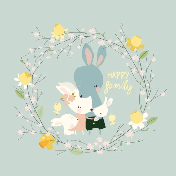 Ilustración de feliz familia de conejos de dibujos animados con recién nacido — Archivo Imágenes Vectoriales