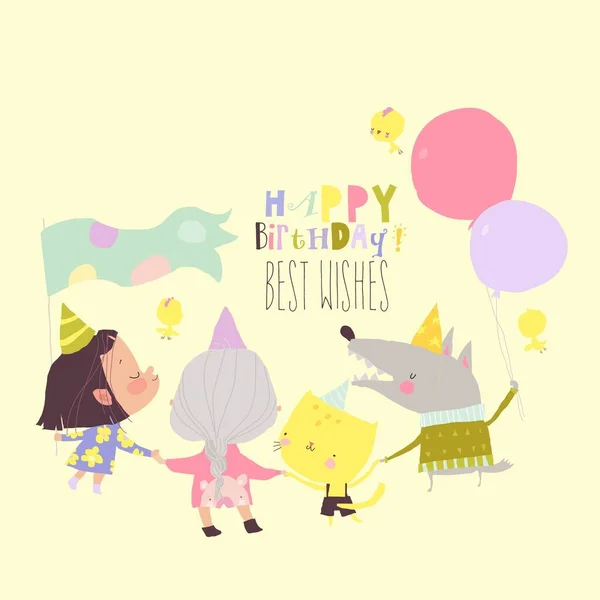 Aranyos gyerekek és vicces állatok ünneplő születésnap — Stock Vector