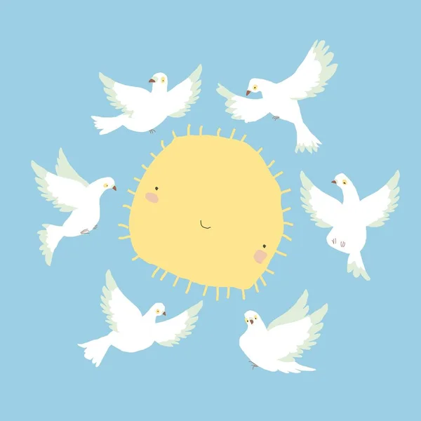 Colombe Bianche di Pace che volano intorno al Sole su Blue Sky — Vettoriale Stock