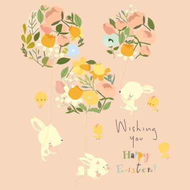 Çiçek Balonlarında Uçan Mutlu Çizgi Tavşanlar