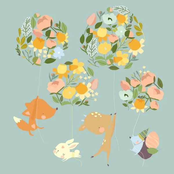 Animales de dibujos animados felices volando en globos de flores — Vector de stock