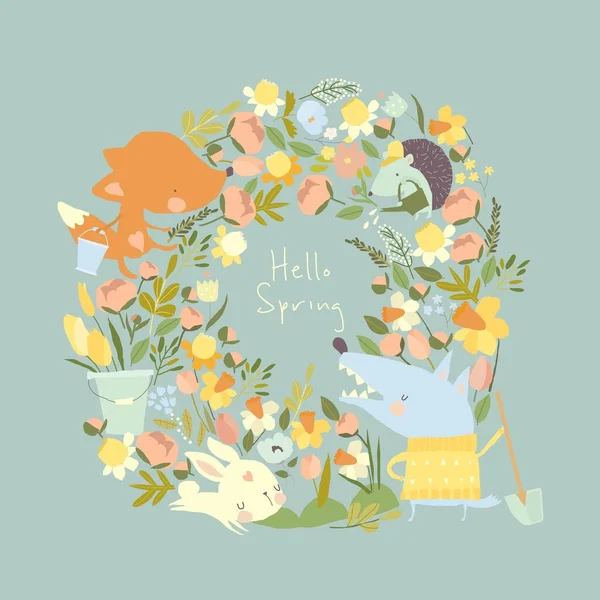 Лютий Картун з тваринами і весняними квітами — стоковий вектор