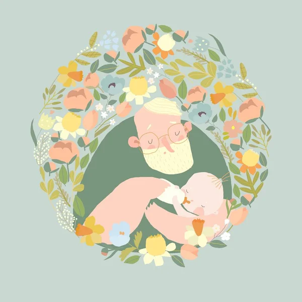 Tată de desene animate hrănind bebelușul din sticlă în flori — Vector de stoc
