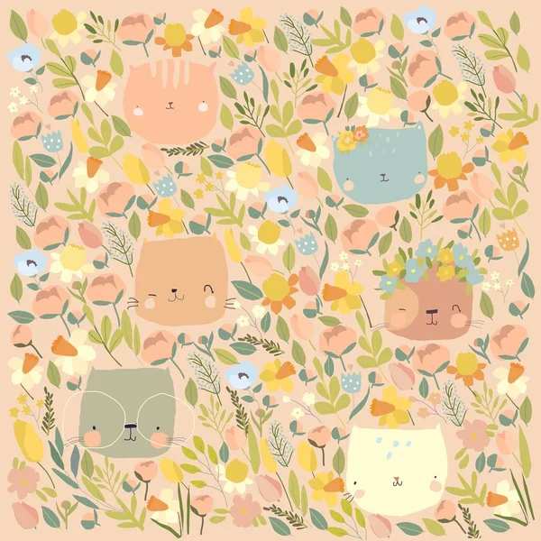 Cute Cartoon Cats Heads with Spring Flowers — Stock Vector