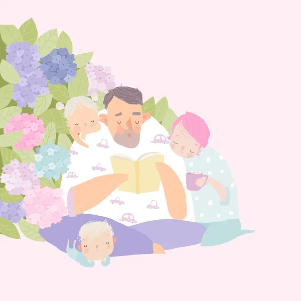 Padre de dibujos animados leyendo el libro con su familia en Bush de Hydrangea — Vector de stock