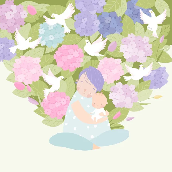 ハッピー漫画母はアジサイの花で赤ちゃんを抱きしめる — ストックベクタ