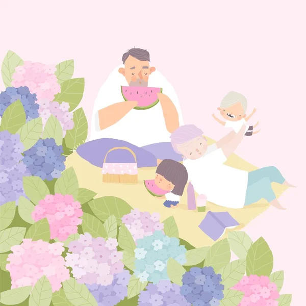 Família feliz dos desenhos animados desfrutando de piquenique em arbustos de hortênsia —  Vetores de Stock