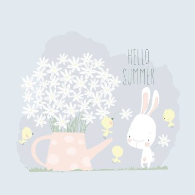 Küçük Çizgi Film Tavşanı ve Su Kutusunda Papatya Buketi