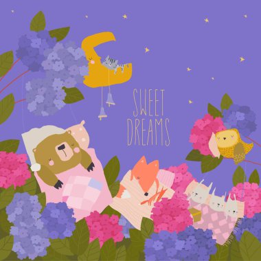 Hydrangea 'daki yataklarda uyuyan şirin çizgi film hayvanları.