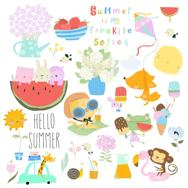 Cute Cartoon Set with Funny Animals meeting Summer — Stock Vector