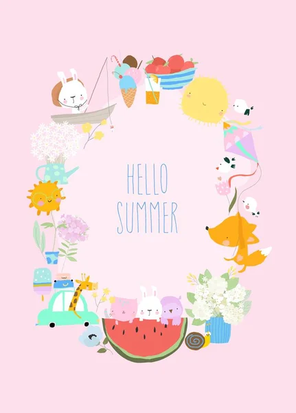 Cute Cartoon Wreath with Animals meeting Summer - Stok Vektor