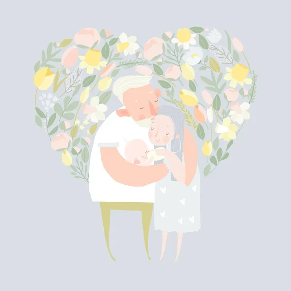 Γελοιογραφία Πατέρας αγκαλιάζει την κόρη και τη γυναίκα στα λουλούδια — Διανυσματικό Αρχείο