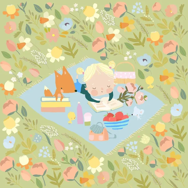 Mignon dessin animé fille lecture livre avec drôles d'animaux sur fleurs prairie — Image vectorielle