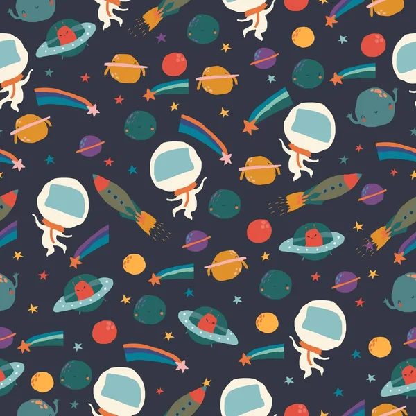 Desenhos animados sem costura padrão com planetas, estrelas e astronautas — Vetor de Stock