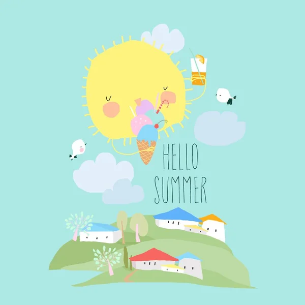 Aranyos rajzfilm Sun eszik jégkrémet. Helló, Summer! — Stock Vector