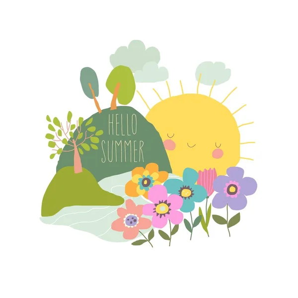 Lindo paisaje de verano de dibujos animados con sol, flores y árboles — Vector de stock