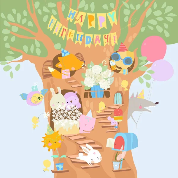 Cute Cartoon Animals celebrating Birthday on Big Tree — Stock Vector