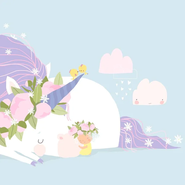 Süß zeichentrick mädchen hugging groß schlafen unicorn — Stockvektor