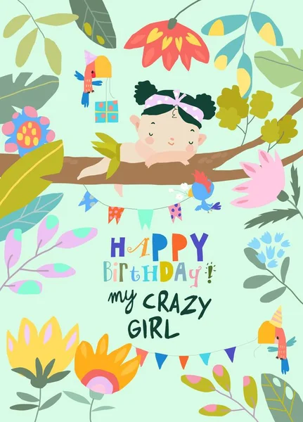 Cute Little Girl celebrating Birthday in Jungle — стоковый вектор