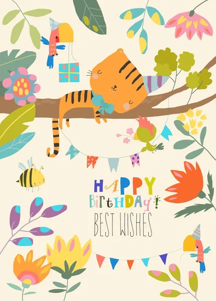 Cute Little Tiger celebra su cumpleaños en la selva — Vector de stock
