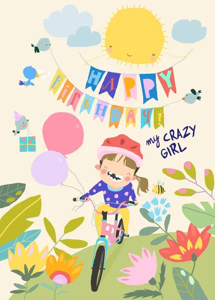 Cartoon Funny Girl rides Bike with Balloons — 图库矢量图片