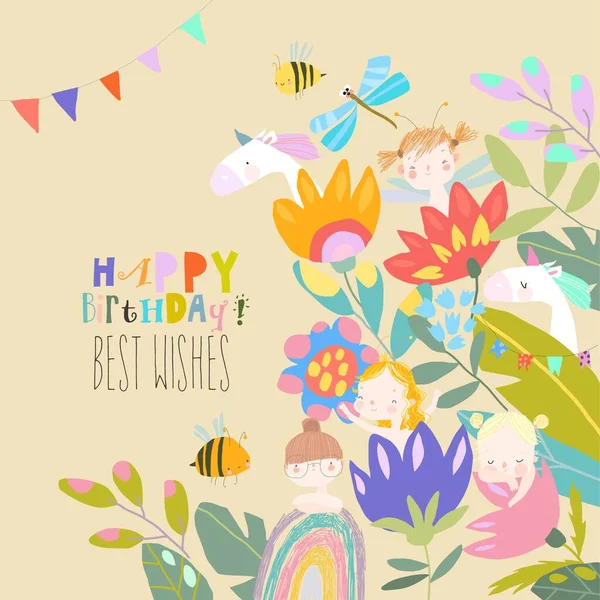 Cartão de aniversário dos desenhos animados com flores de verão, fadas e unicórnios bonitos — Vetor de Stock