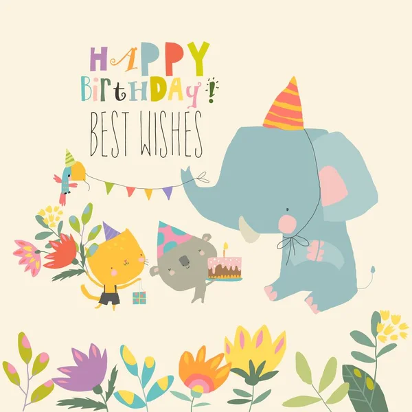 Cartão de aniversário com animais bonitos comemorando férias —  Vetores de Stock