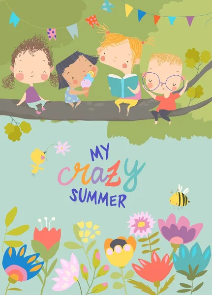 Cartoon Happy Children enjoying Summer in the Park — Vector de stock