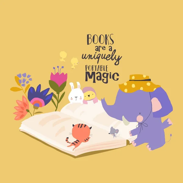Cute Cartoon Animals Čtení Big Book Together Vektorová Ilustrace — Stockový vektor