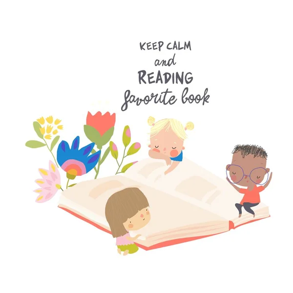 白い背景に大きな本を読んでかわいい漫画の子供たち ベクターイラスト — ストックベクタ