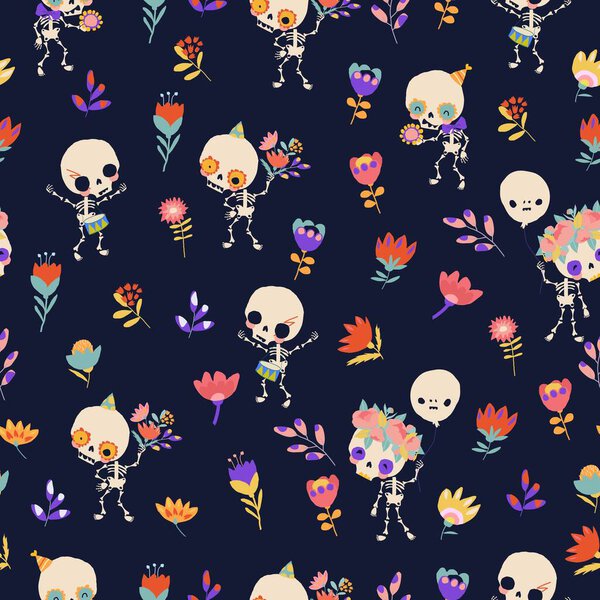 Vector Seamless Pattern with Skeletons and Flowers. Happy Crazy Halloween