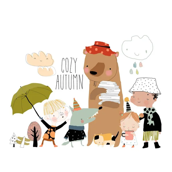 Cartoon Happy Children Animals Meeting Autumn White Background Inglés Ilustración — Vector de stock
