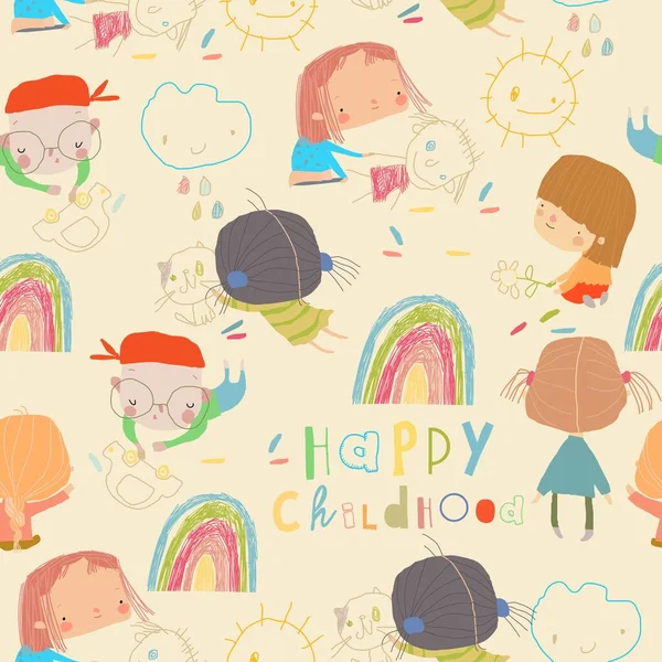 Vector Seamless Pattern Happy Children Painting Drawings Chalk Asphalt — стоковий вектор