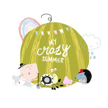 Büyük Karpuz 'un yanında duran Mutlu Hayvanlar çizgi filmi. Vektör İllüstrasyonu