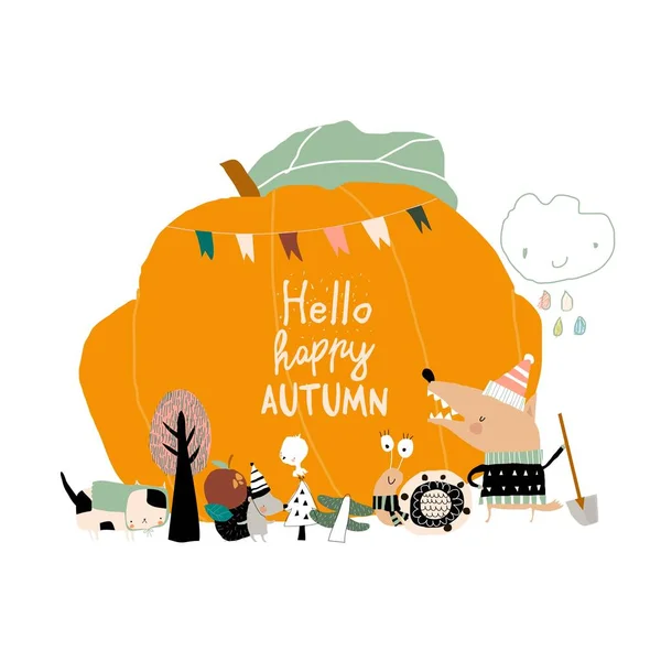 Cartoon Happy Animals Stehen Neben Big Pumpkin Vektorillustration — Stockvektor