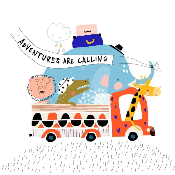 Cute Cartoon Animals Traveling Car Vektorová Ilustrace — Stockový vektor