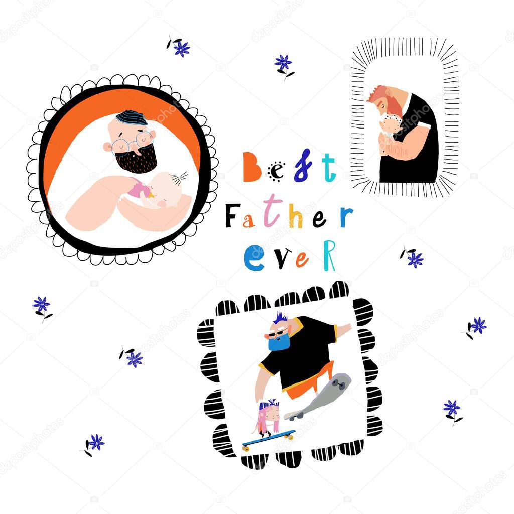 Cartoon Cute Frames Photo with Fathers and Children Vector Illustration