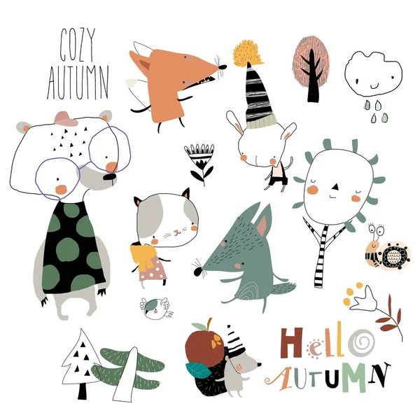 Cartoon Autumn Set Funny Animals Trees Vector Illustration — 스톡 벡터