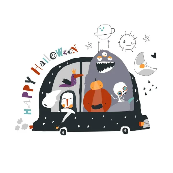 Cartoon Crazy Halloween Monsters Travelling Car Vector Illustration — Stock Vector