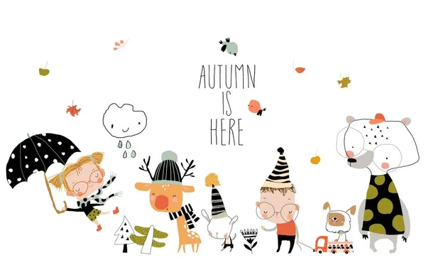 Cartoon Cute Kids Animals Enjoying Autumn Vector Illustration — Image vectorielle