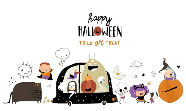 Cartoon Crazy Monsters Kids Meeting Halloween Vector Illustration — ストックベクタ