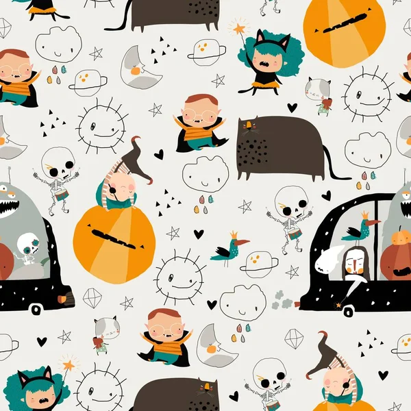 Vector Seamless Pattern Cartoon Crazy Monsters Kids Meeting Halloween — Stock Vector