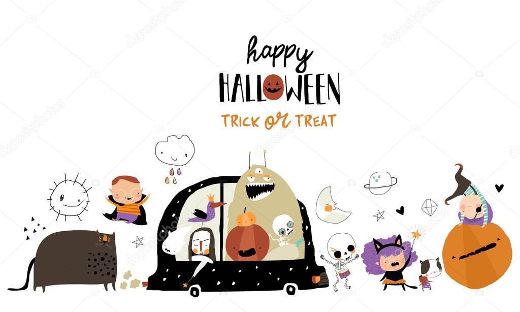 Cartoon Crazy Monsters and Kids meeting Halloween. Vector Illustration