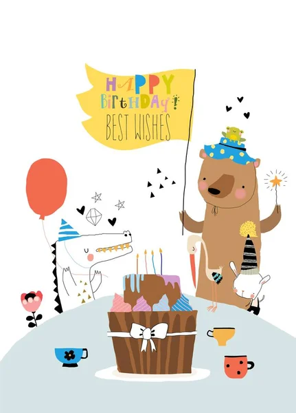 Cartoon Biglietto Auguri Con Simpatici Animali Che Celebrano Compleanno Illustrazione — Vettoriale Stock
