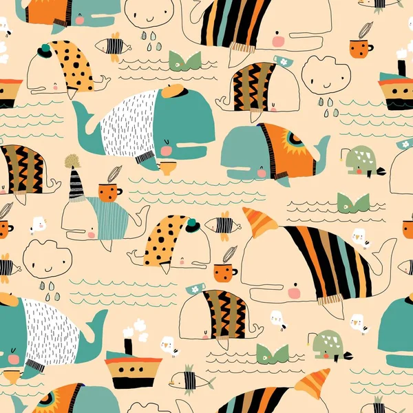 Vector Seamless Pattern Cartoon Funny Whales Wearing Sweaters — Stock Vector