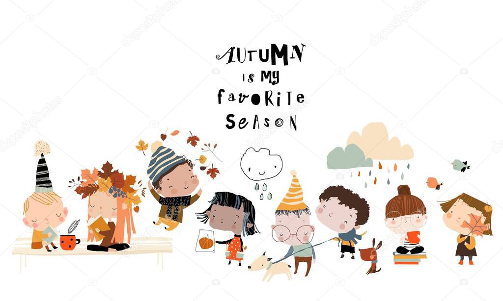 Happy Cartoon Kids enjoying Autumn on white Background. Vector Illustration